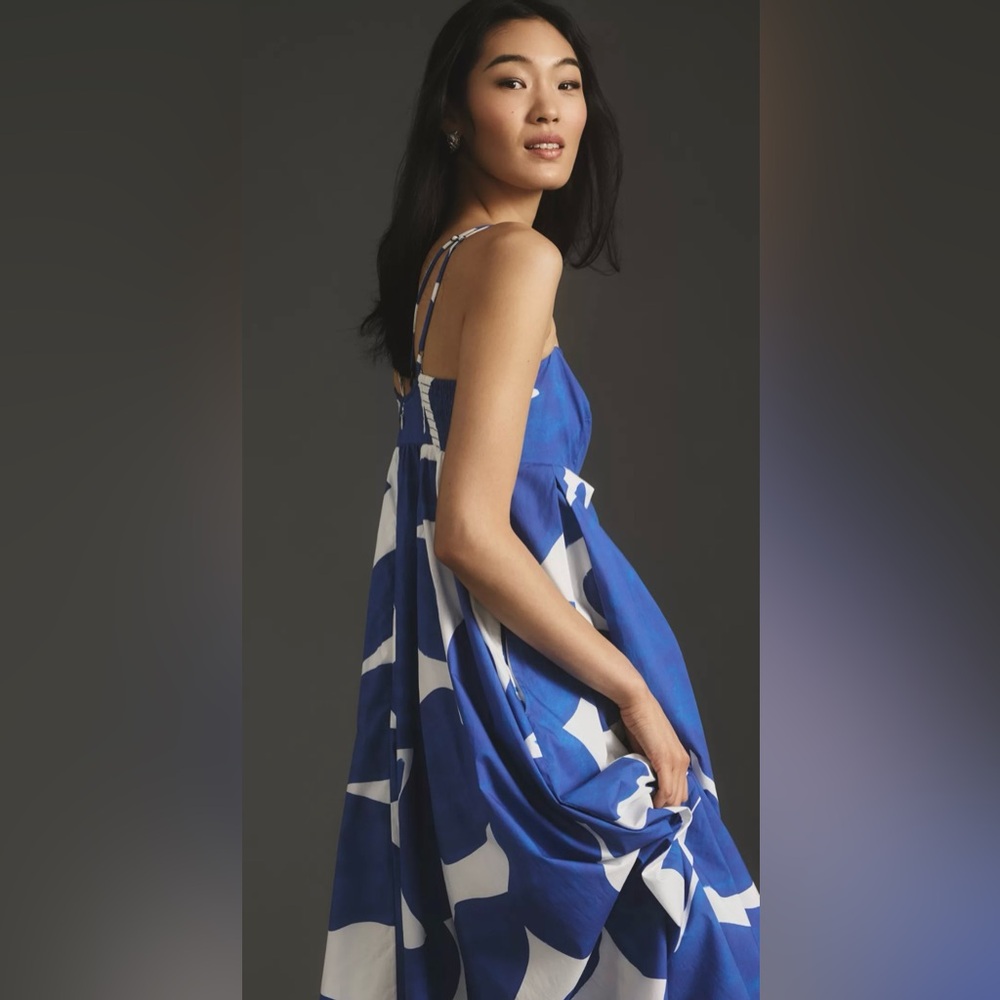 By Anthropologie 100% Cotton Blue White Floral Maxi Summer Dress Pockets XS - Picture 14 of 16
